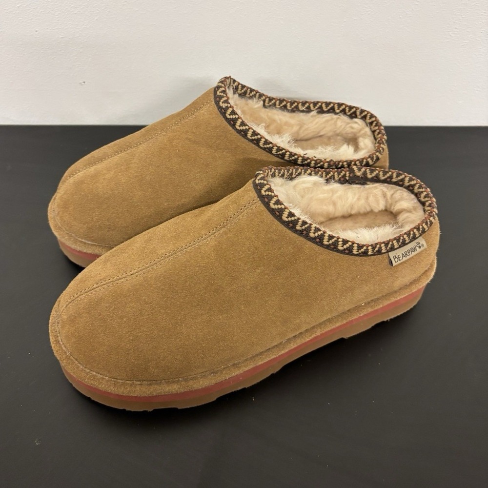 BEARPAW Women's Brown Suede Faux Fur Lined Slip-On Slippers Size 8